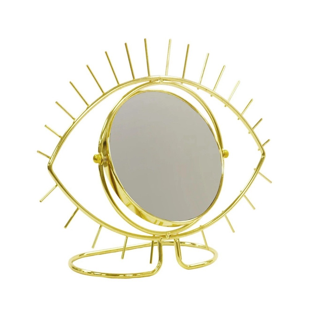 Open Eye-Shaped Gold Metal Double-Sided Vanity Makeup Magnifying Mirror 14x11x4"